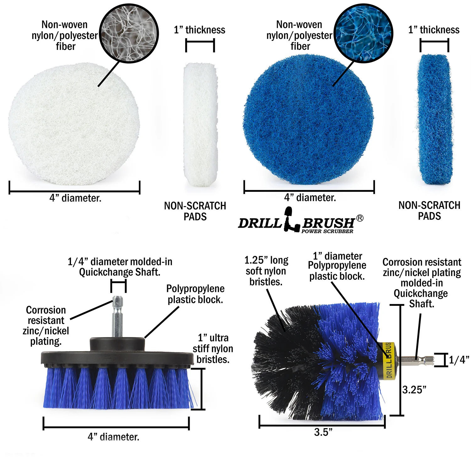 Original & 4in Blue Brushes w/4in Pads - Soft & Stiff Pads - Pool & Marine | S-B4O-P4-WB-4V-QC-DB - Image 5