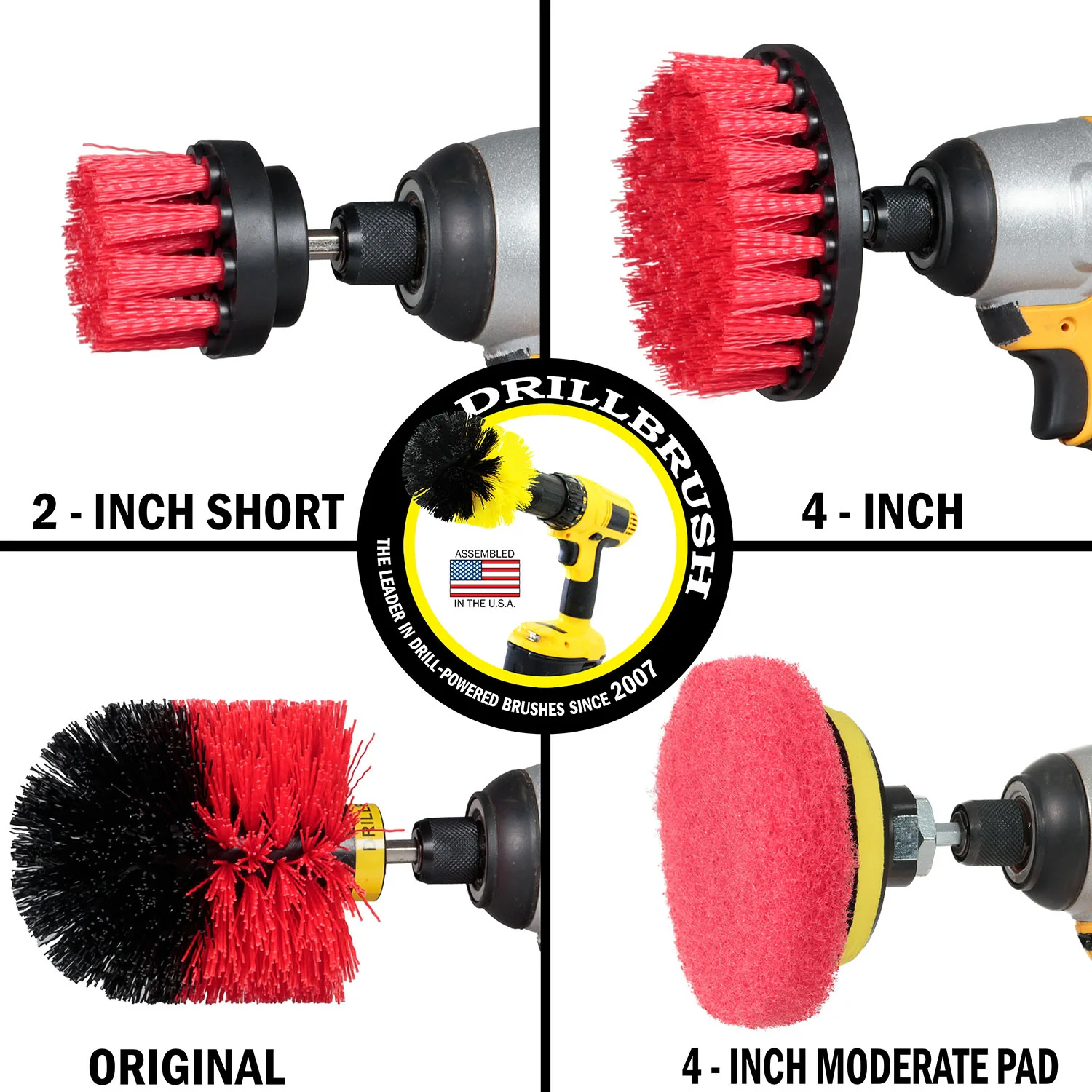 Original, 4in, & 2in Red Brushes w/4in Red Pads - Stiff - Patio & Outdoor | S-R42O-P4-3R-3V-QC-DB - Image 3