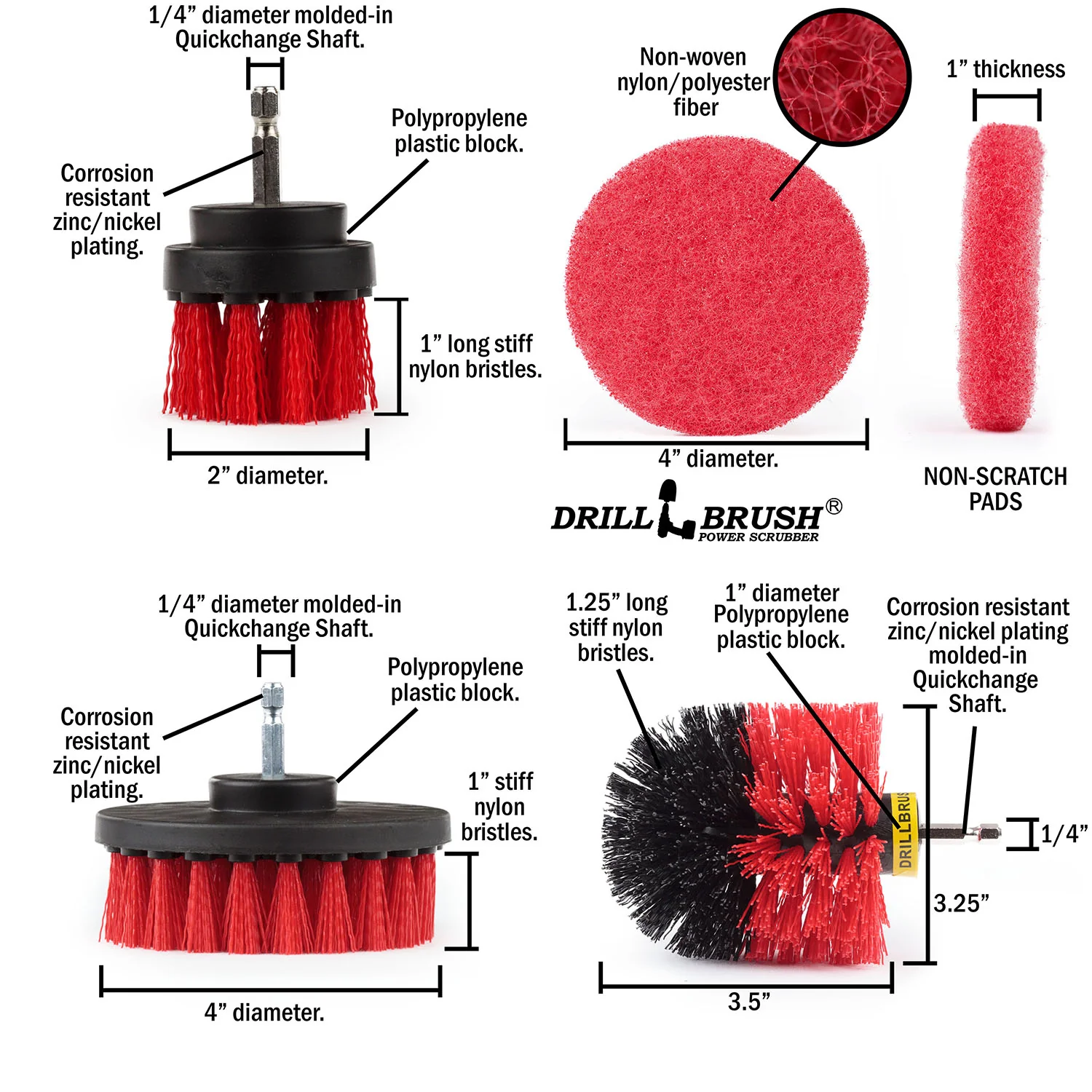 Original, 4in, & 2in Red Brushes w/4in Red Pads - Stiff - Patio & Outdoor | S-R42O-P4-3R-3V-QC-DB - Image 5