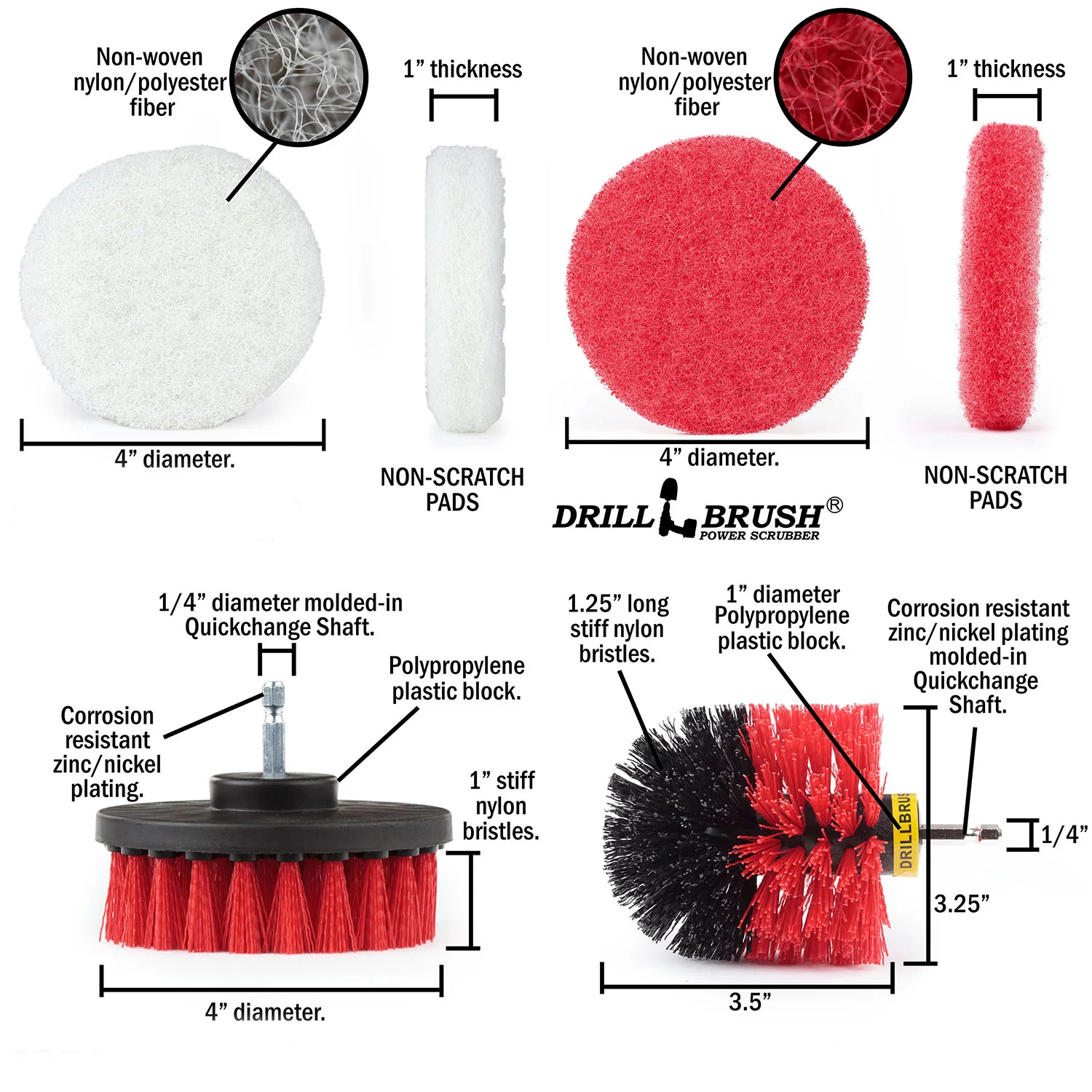 Original & 4in Red Brushes w/4in Pads - Soft & Medium Pads - Outdoor & Patio | S-R4O-P4-WR-4V-QC-DB - Image 5