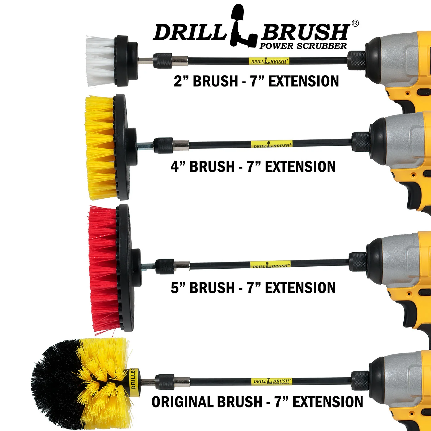 Original, 5in, 4in, and 2in Variety Brushes w. 7in Extension - Home & Bathroom Cleaning | S-W2-Y4O-R5-7X-QC-DB - Image 3