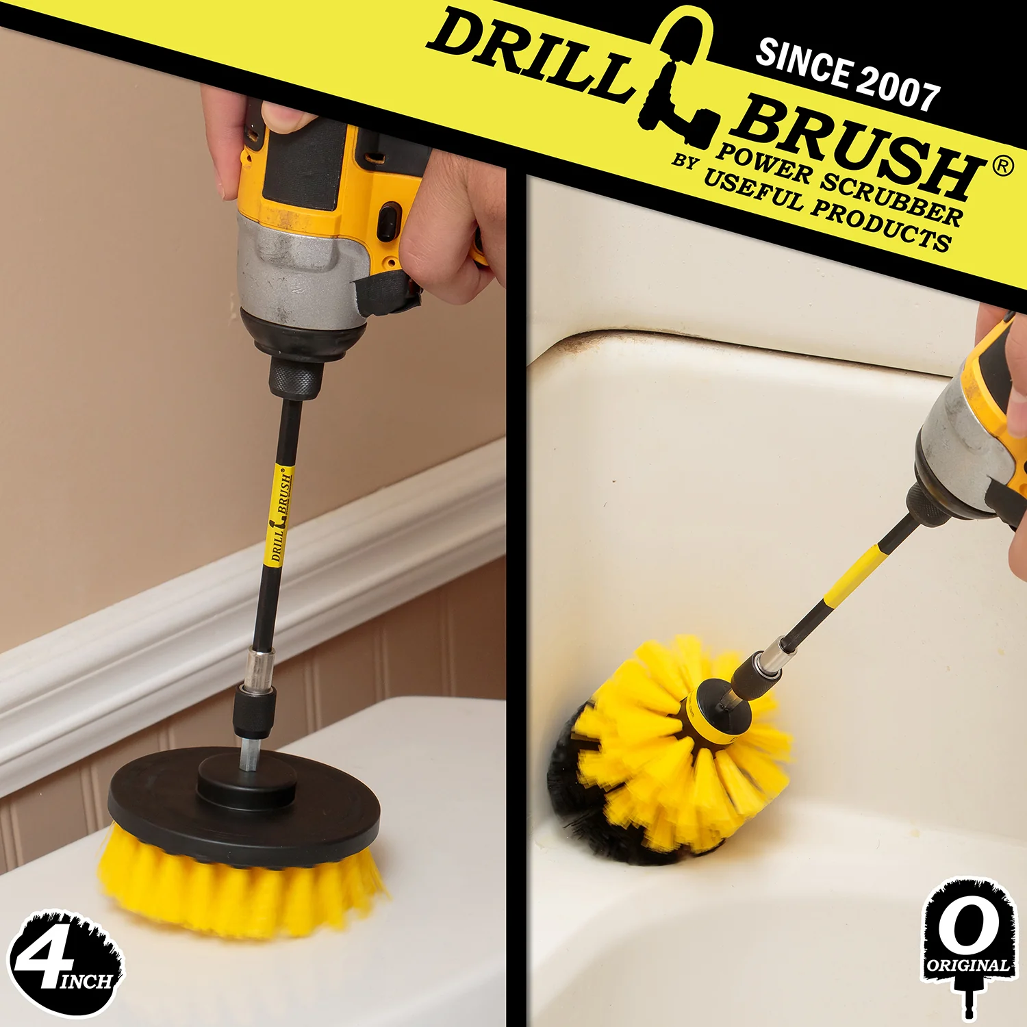 Original & 4in Yellow Brushes w/5in Ext. - Medium Bristles - Bathroom & Shower | Y-S-4O-5X-QC-DB - Image 4