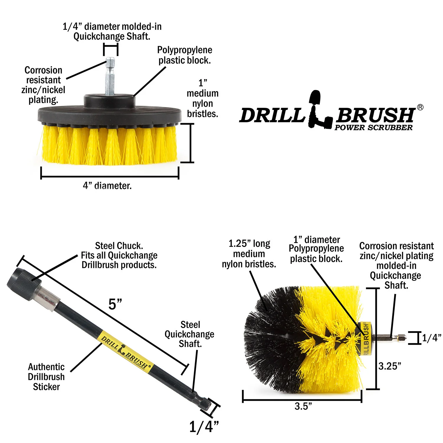 Original & 4in Yellow Brushes w/5in Ext. - Medium Bristles - Bathroom & Shower | Y-S-4O-5X-QC-DB - Image 5
