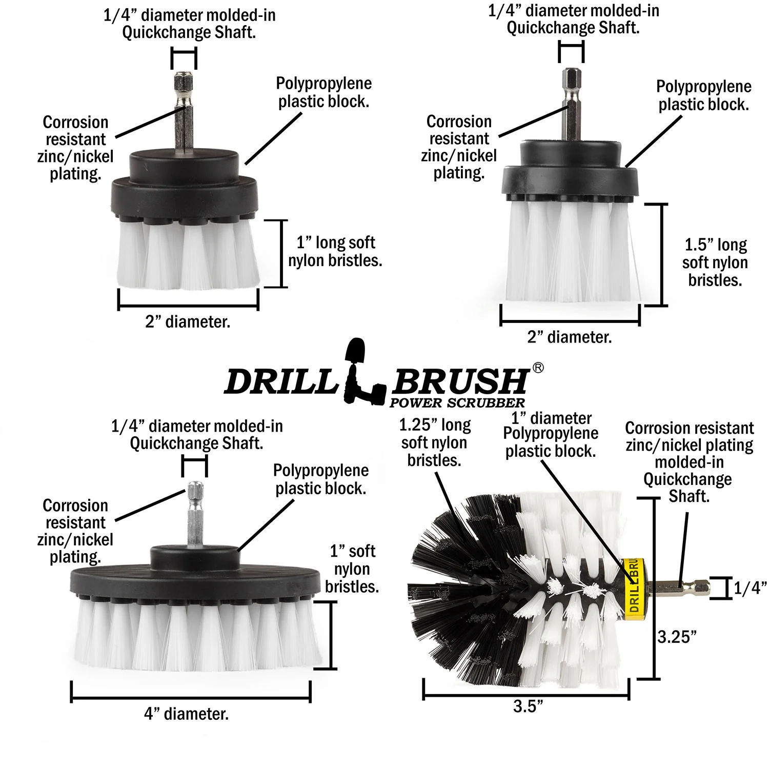 Original, 4in, 2in, & 2in-L White Brushes - Soft Bristles - Home & Auto Cleaning | W-42OS-2L-QC-DB - Image 5