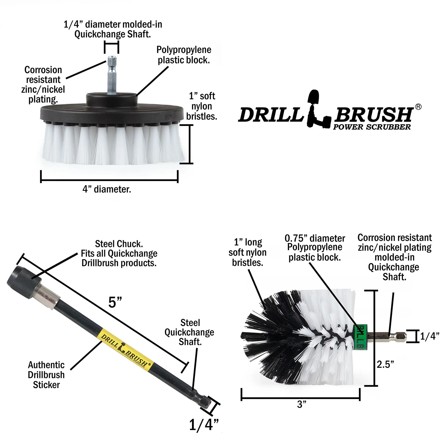 Mini & 4in White Brushes w/ 5in Extension - Soft Bristles - Home & Auto Cleaning | W-S-4M-5X-QC-DB - Image 5