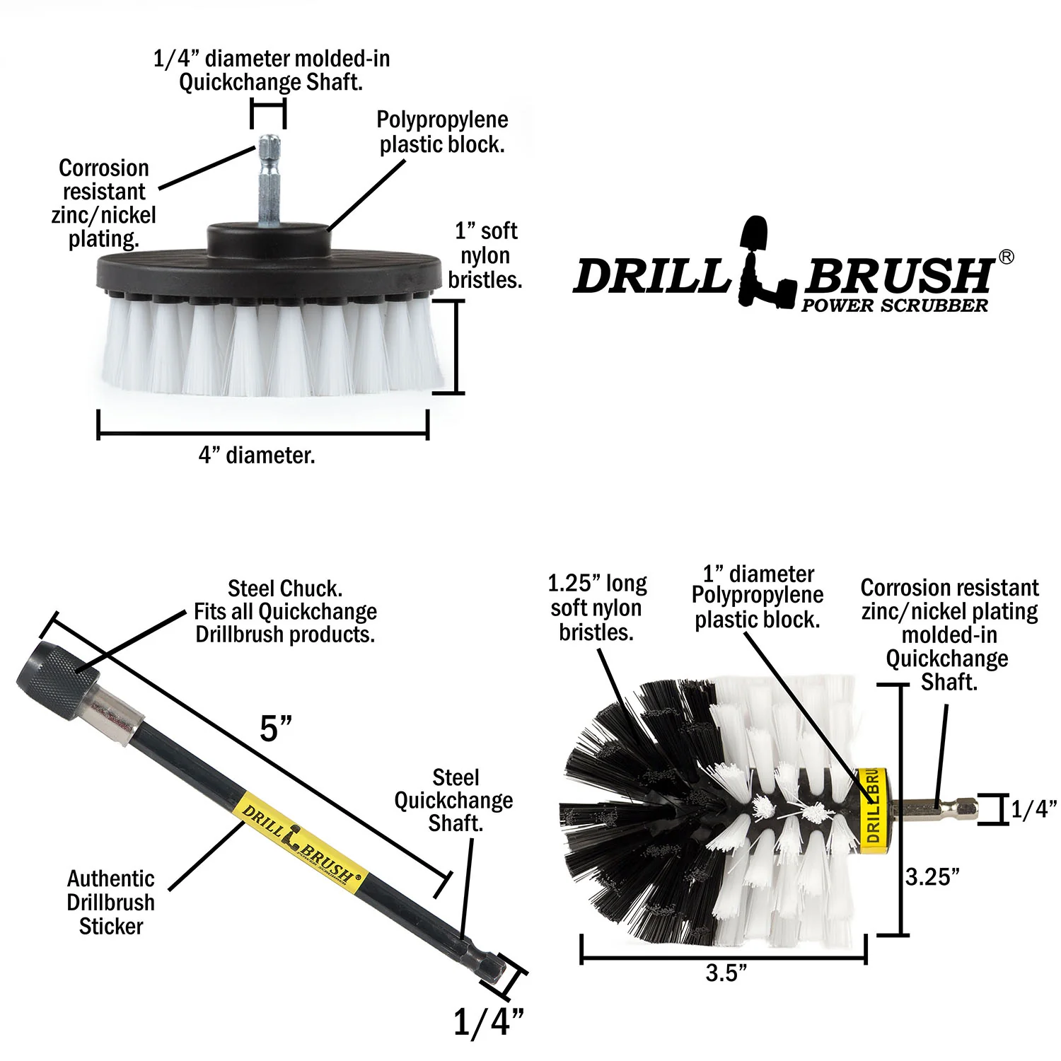 Original & 4in White Brushes w/5in Ext. - Soft Bristles - Home & Auto | W-S-4O-5X-QC-DB - Image 5
