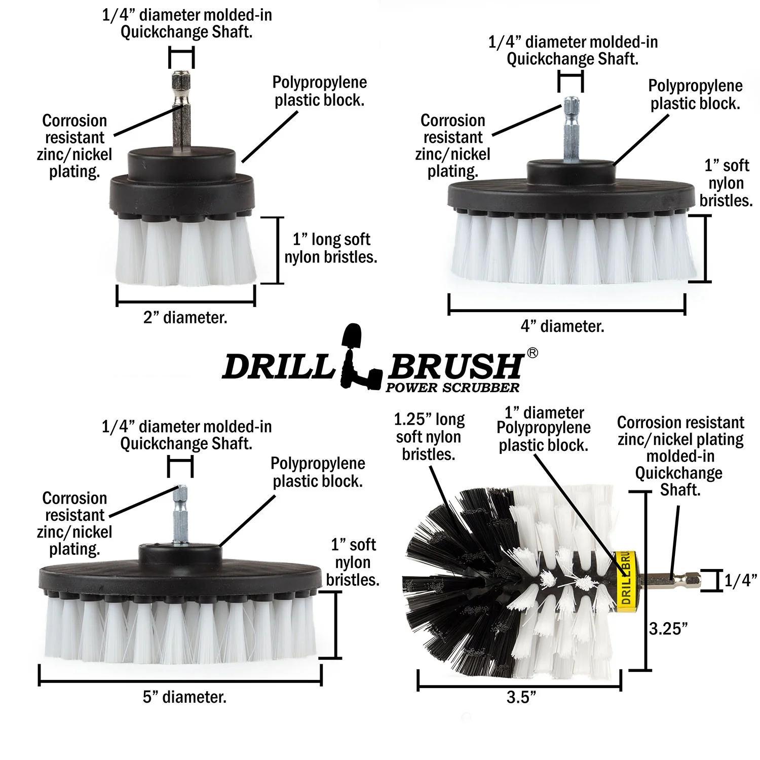 Original, 5in, 4in, & 2in White Brushes - Soft Bristles - Home & Auto Cleaning | W-S-542O-QC-DB - Image 5