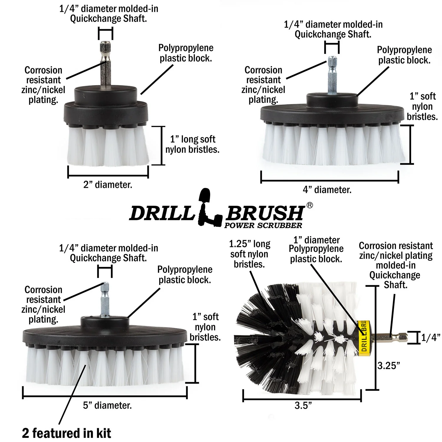Original, 5in x2, 4in, & 2in White Brushes - Soft Bristles - Home & Auto Cleaning | W-S-5542O-QC-DB - Image 5