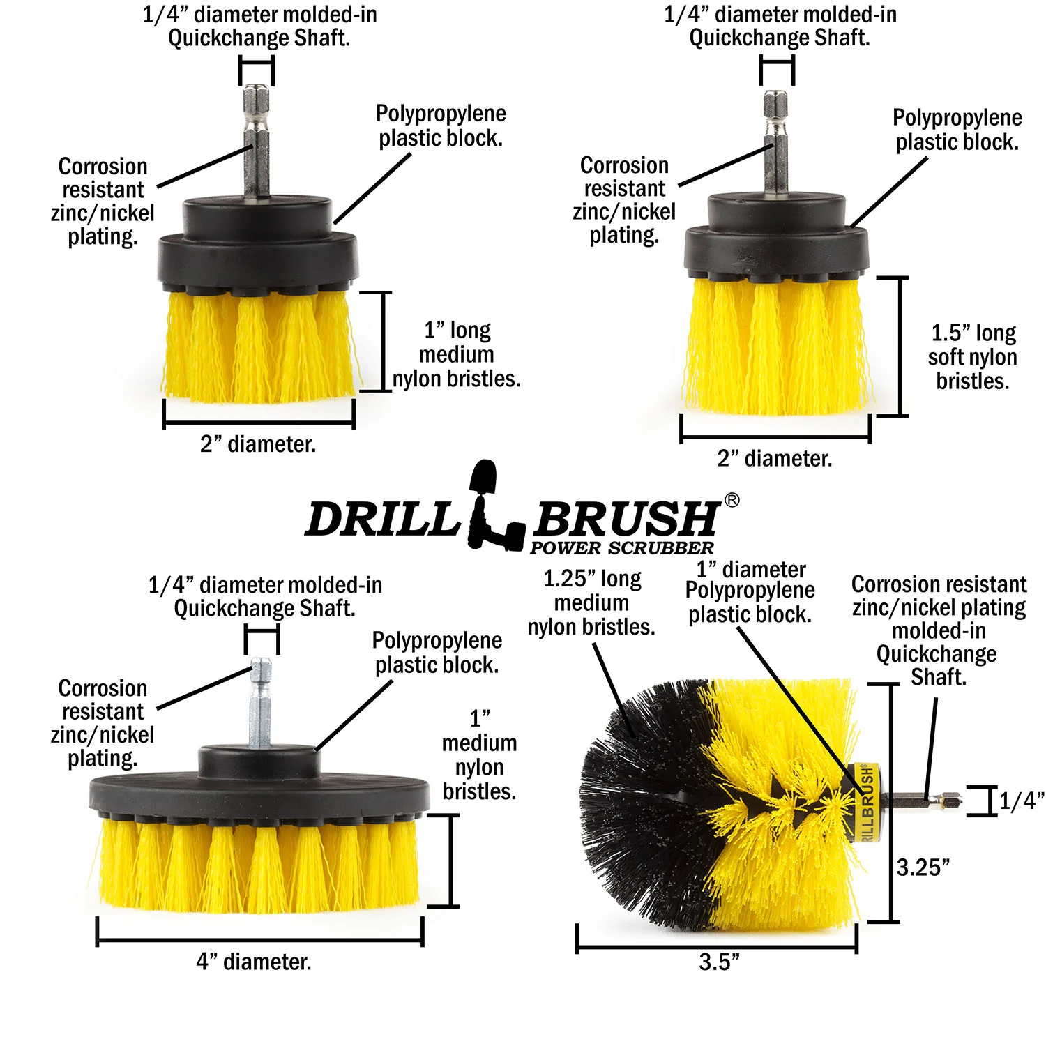 Original, 4in, 2in & 2in-L Yellow Brushes - Medium Bristles - Bathroom & Cleaning | Y-42OS-2L-QC-DB - Image 5