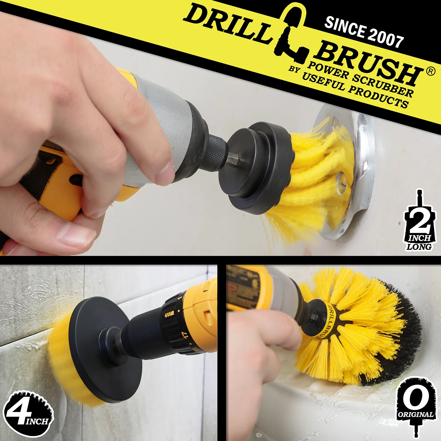 Original, 4in, & 2in-L Yellow Brushes - Medium Bristles - Bathroom & Shower | Y-4OS-2L-QC-DB - Image 4