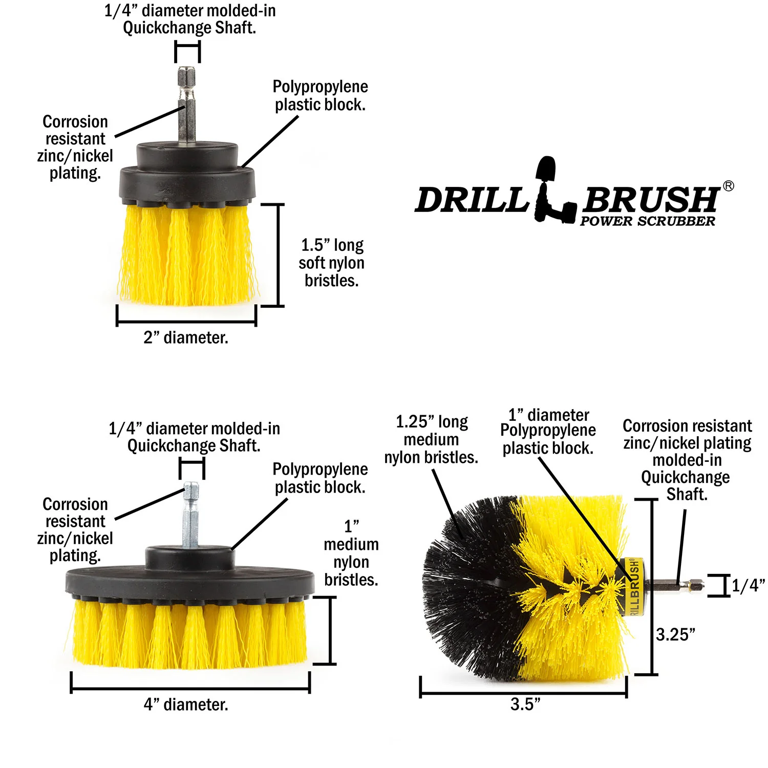 Original, 4in, & 2in-L Yellow Brushes - Medium Bristles - Bathroom & Shower | Y-4OS-2L-QC-DB - Image 5