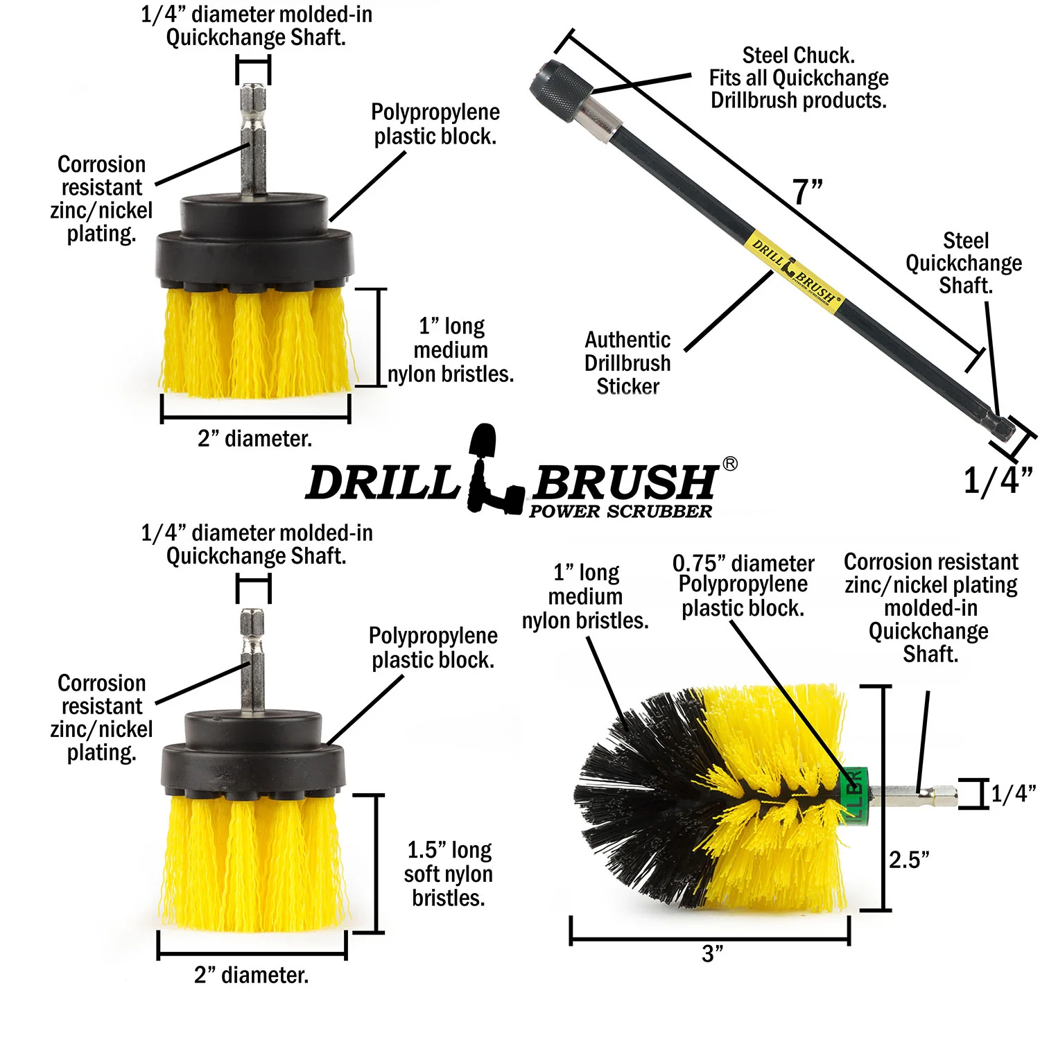 Ultimate Yellow Brush Kit w/ 7in Extension - Medium - Bathroom & Shower | Y-542OMS-2L-7X-QC-DB - Image 6