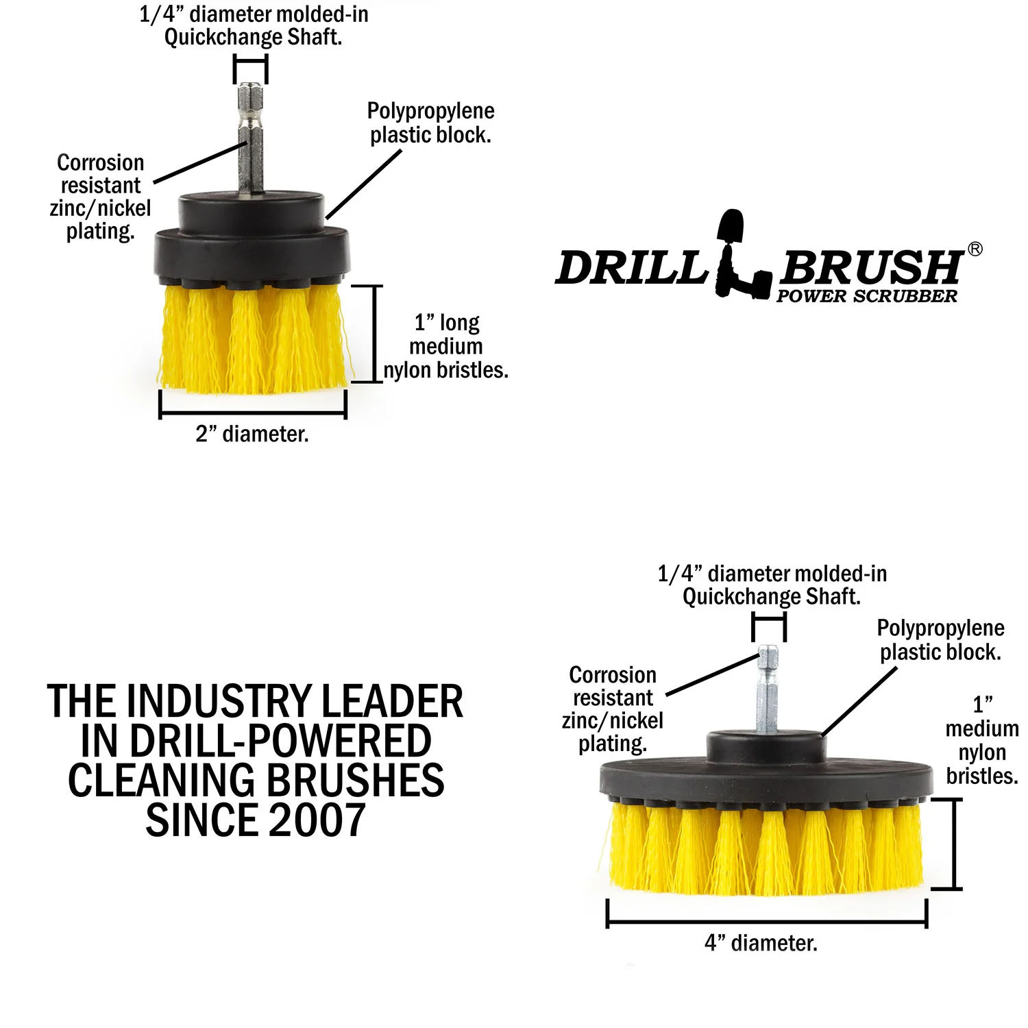 4in & 2in Yellow Brushes - Medium Bristles - Bathroom & Shower Cleaning | Y-S-42-QC-DB - Image 5