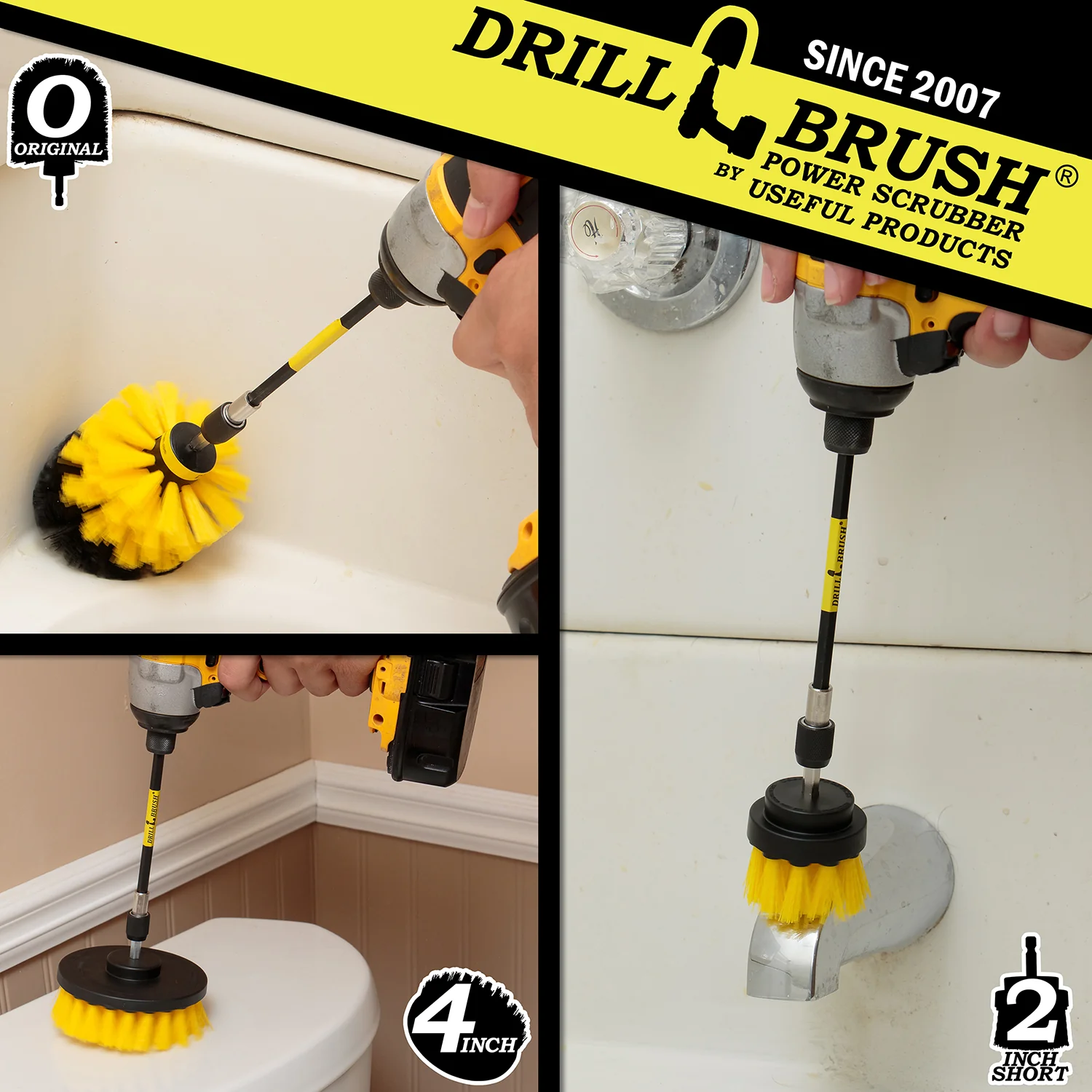 Original, 4in, & 2in Yellow Brushes w/5in Ext. - Medium - Bathroom & Shower | Y-S-42O-5X-QC-DB - Image 4