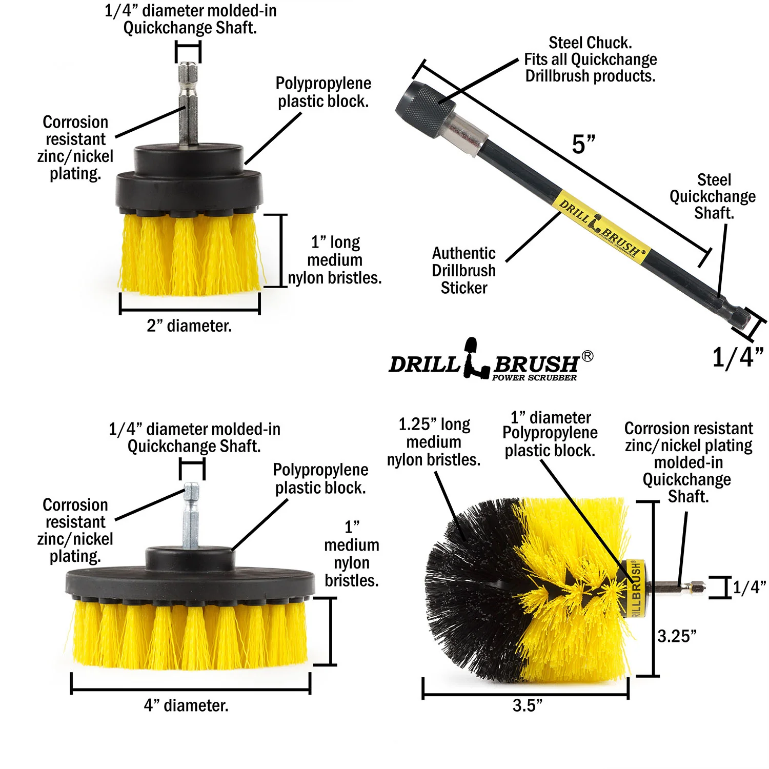 Original, 4in, & 2in Yellow Brushes w/5in Ext. - Medium - Bathroom & Shower | Y-S-42O-5X-QC-DB - Image 5