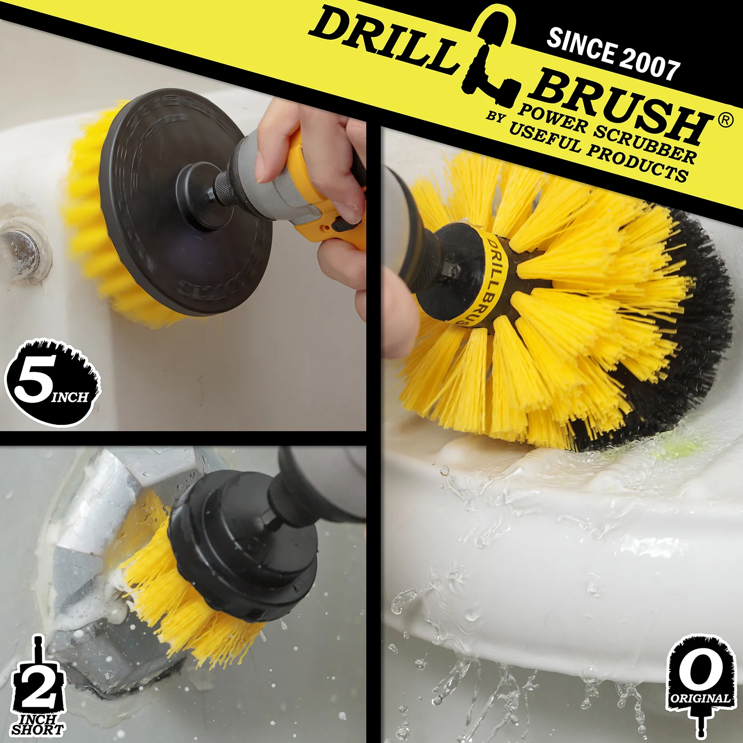 Original, 5in, & 2in Yellow Brushes - Medium Bristles - Bathroom & Shower Cleaning | Y-S-52O-QC-DB - Image 4