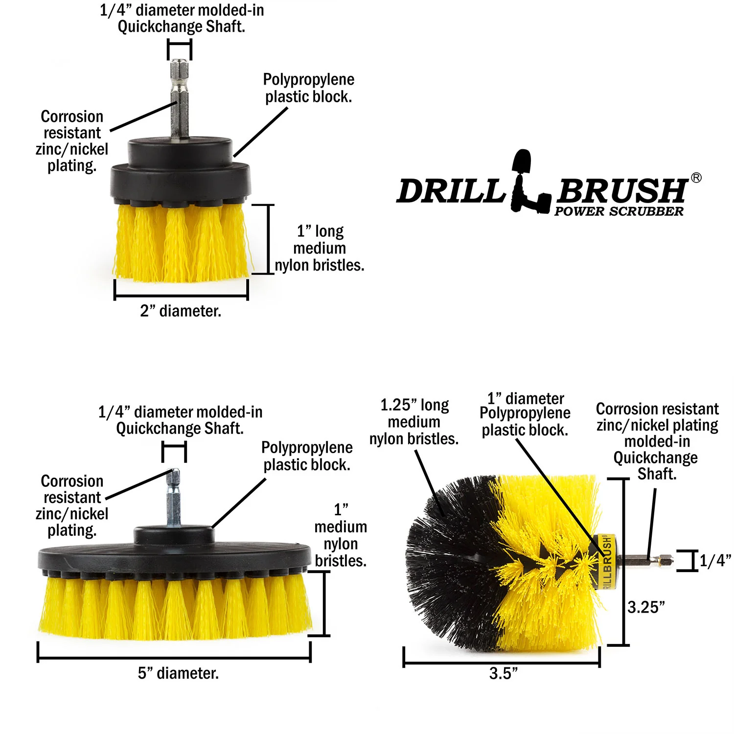 Original, 5in, & 2in Yellow Brushes - Medium Bristles - Bathroom & Shower Cleaning | Y-S-52O-QC-DB - Image 5