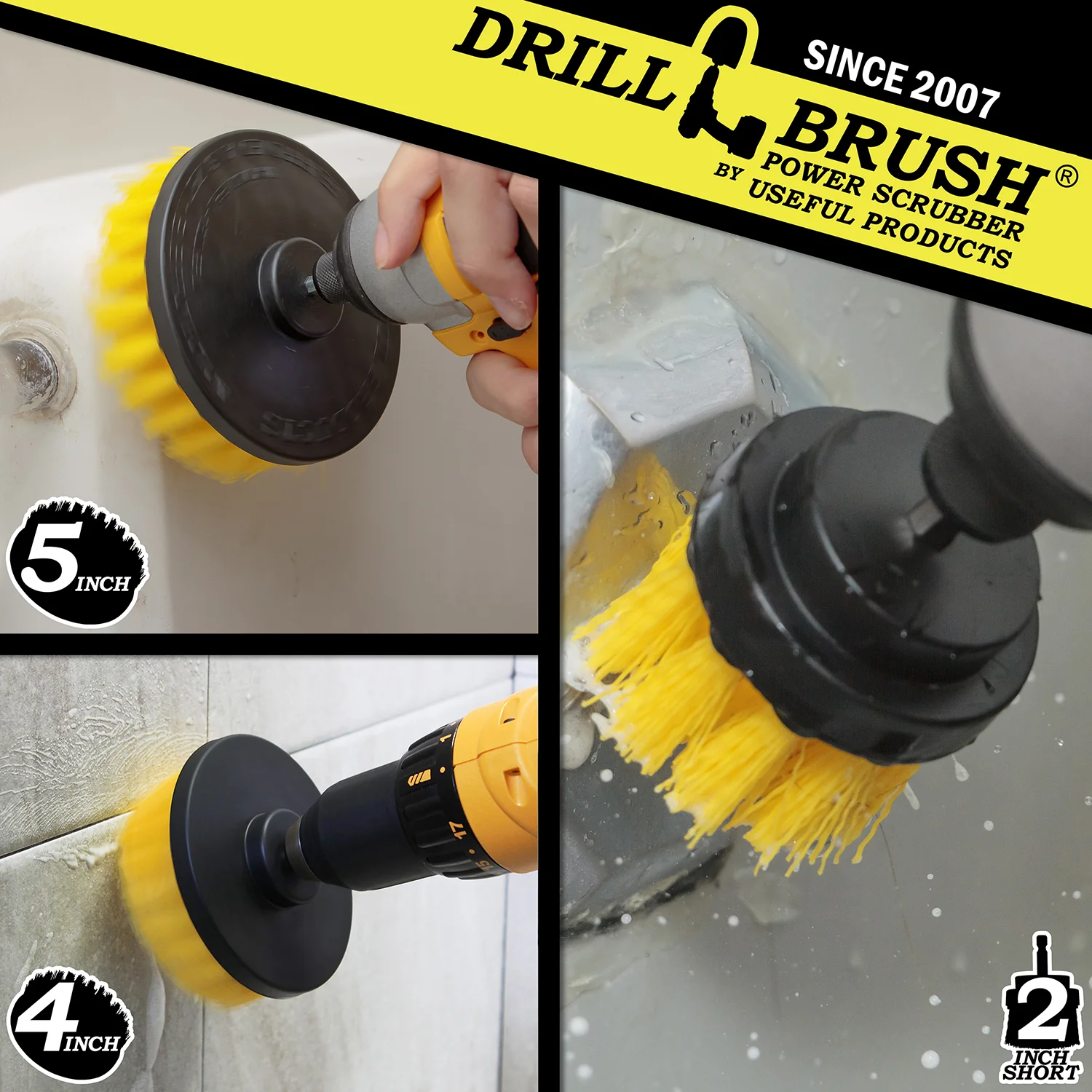 5in, 4in, and 2in Yellow Brushes - Medium Bristles - Bathroom & Shower Cleaning | Y-S-542-QC-DB - Image 4