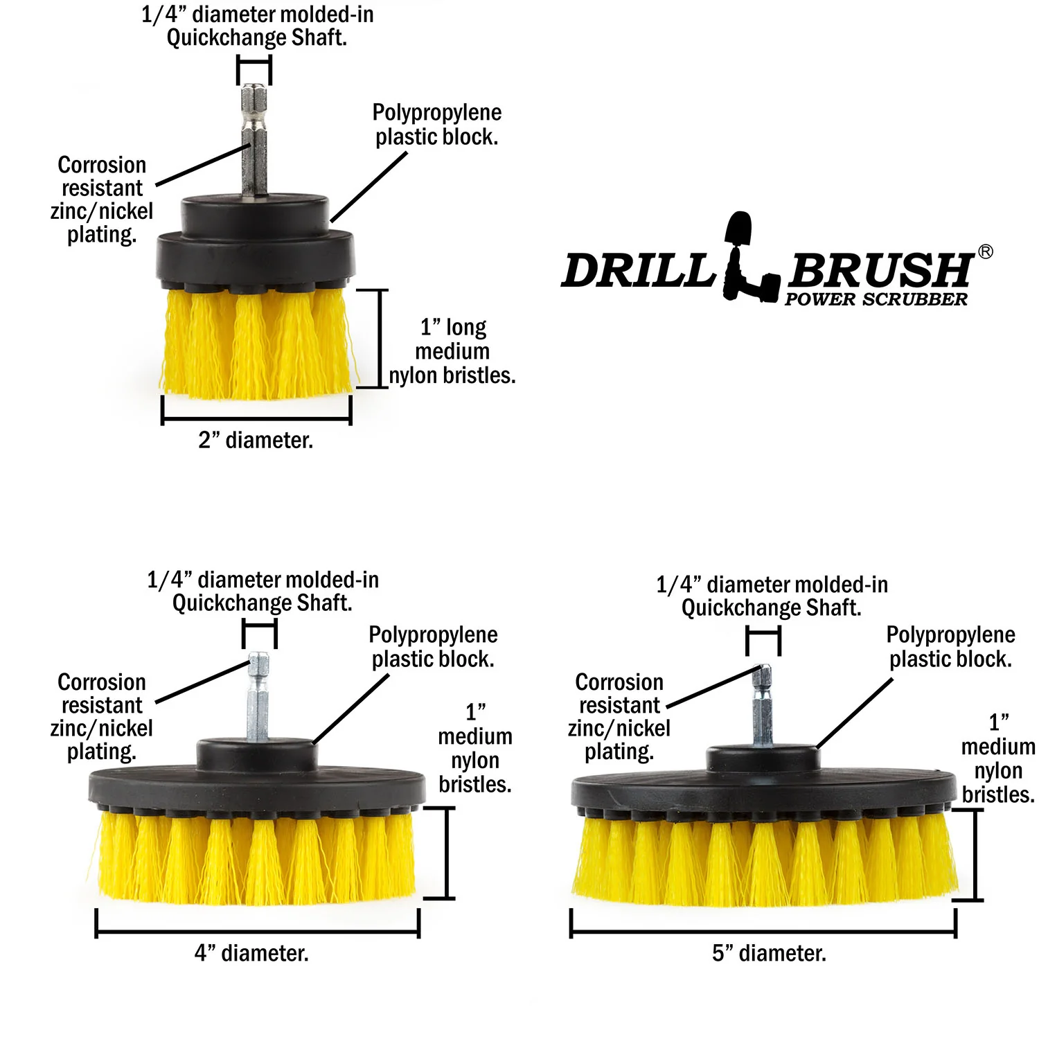 5in, 4in, and 2in Yellow Brushes - Medium Bristles - Bathroom & Shower Cleaning | Y-S-542-QC-DB - Image 5