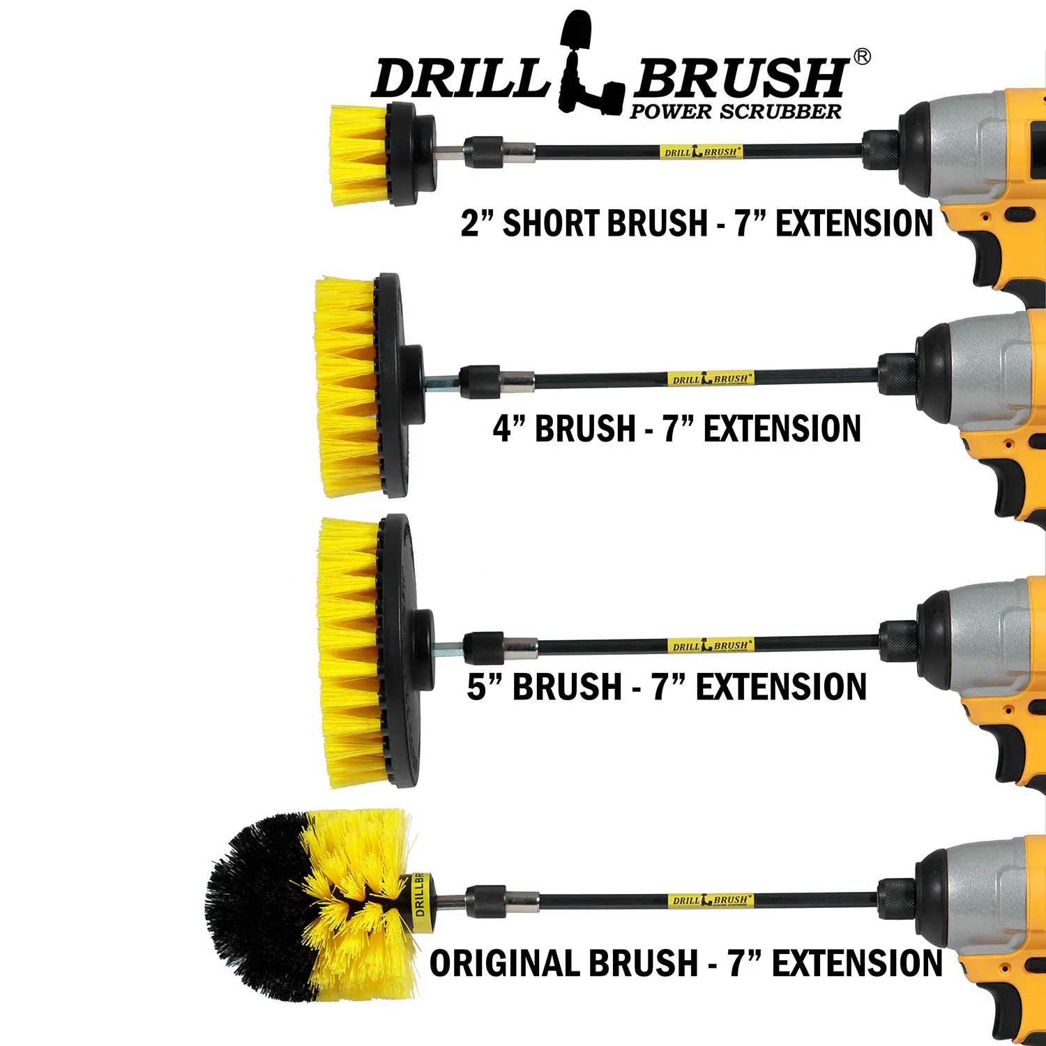 Original, 5in, 4in, and 2in Yellow Brushes w/ 7in Extension - Medium Bristles - Bathroom & Shower Cleaning | Y-S-542O-7X-QC-DB - Image 3