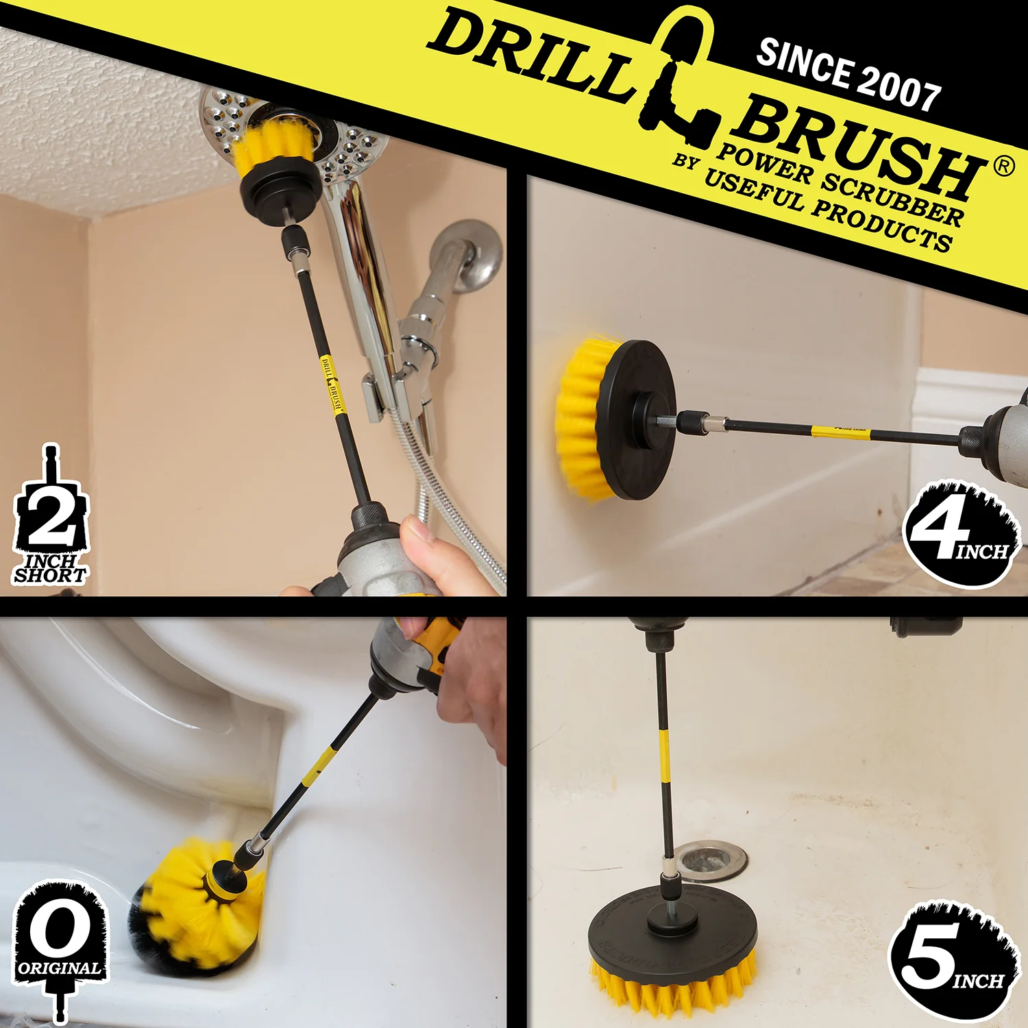 Original, 5in, 4in, and 2in Yellow Brushes w/ 7in Extension - Medium Bristles - Bathroom & Shower Cleaning | Y-S-542O-7X-QC-DB - Image 4