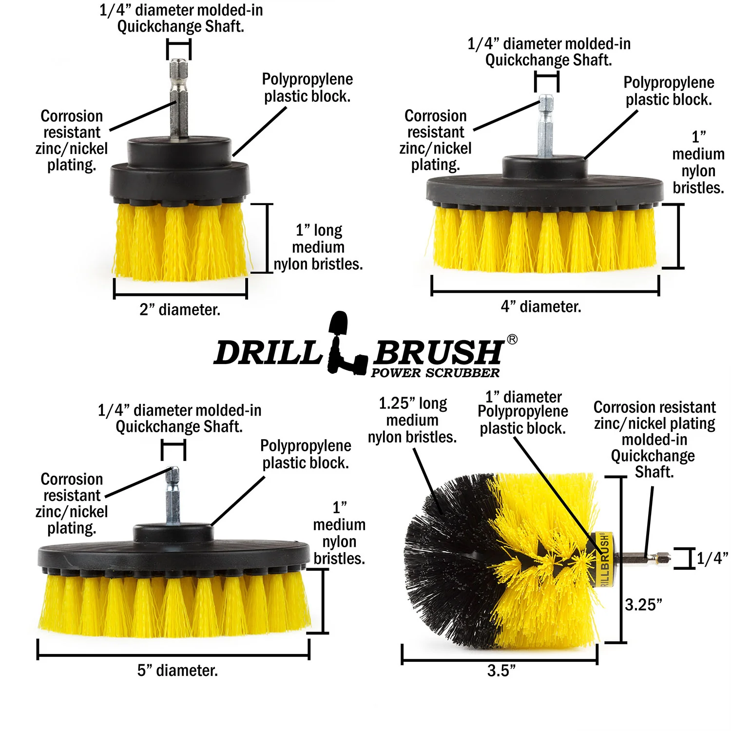 Original, 5in, 4in, and 2in Yellow Brushes w/ 7in Extension - Medium Bristles - Bathroom & Shower Cleaning | Y-S-542O-7X-QC-DB - Image 5
