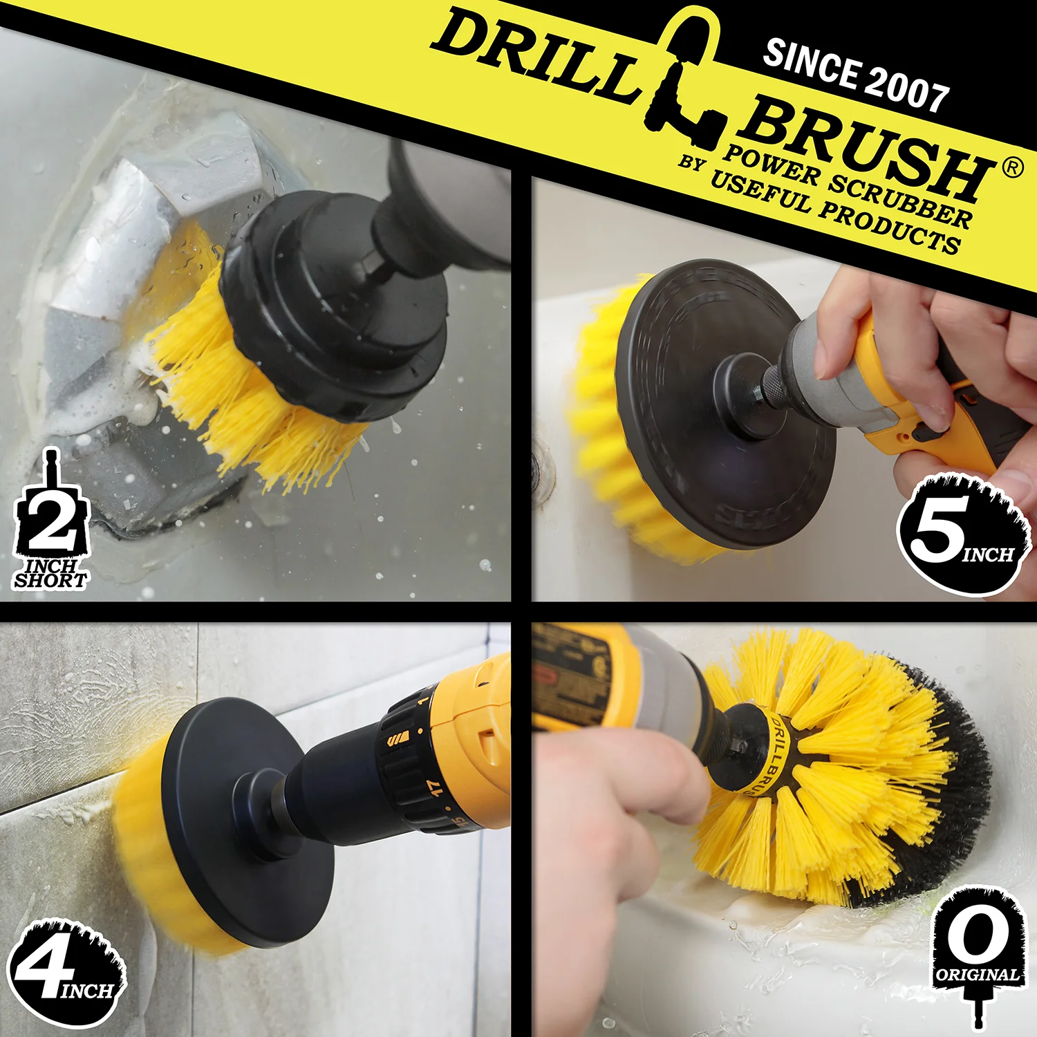Original, 5in, 4in, & 2in Yellow Brushes - Medium Bristles - Bathroom & Shower | Y-S-542O-QC-DB - Image 4