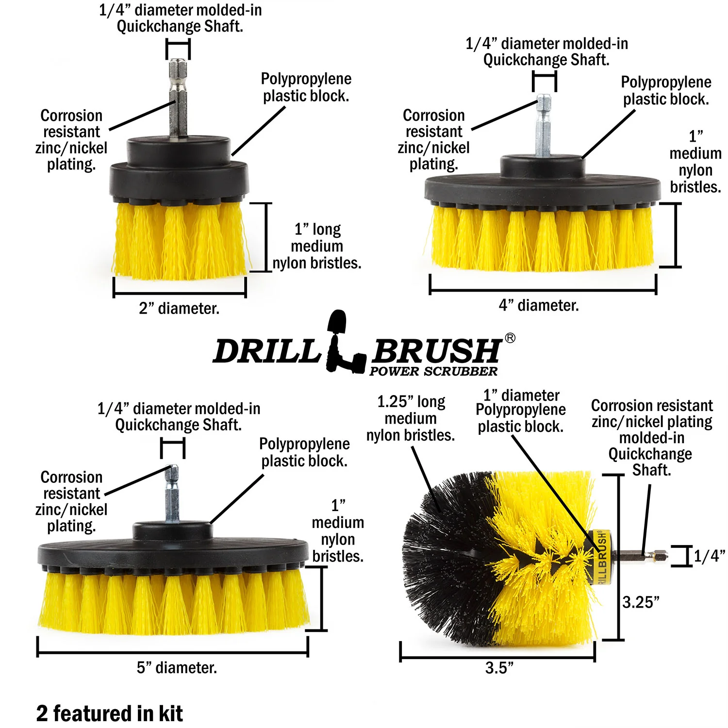 Original, 5in, 5in, 4in, & 2in Yellow Brushes - Medium - Bathroom & Shower | Y-S-5542O-QC-DB - Image 5