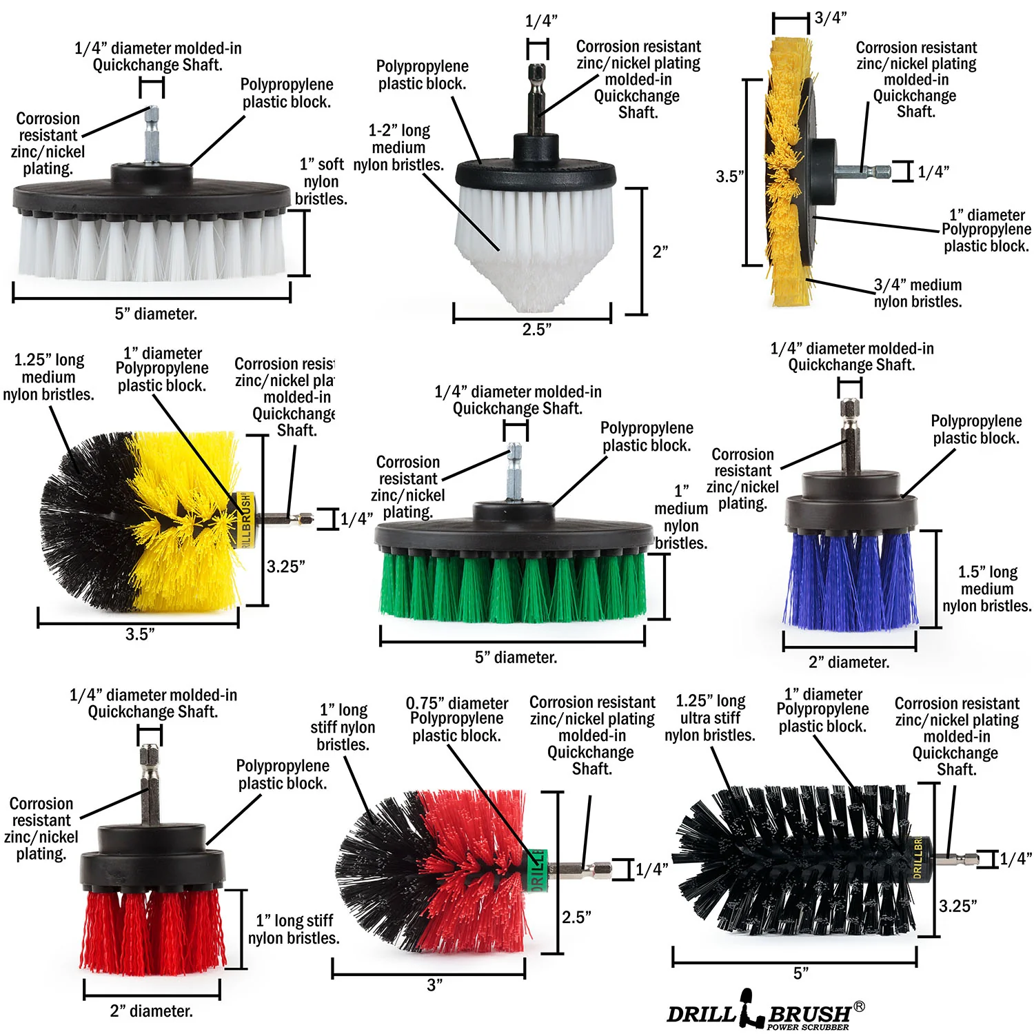 9-piece Variety Brush Kit - Every Stiffness - All Purpose Cleaning | YEO-G5-W4C-R2M-KJS-B2L-QC-DB - Image 5